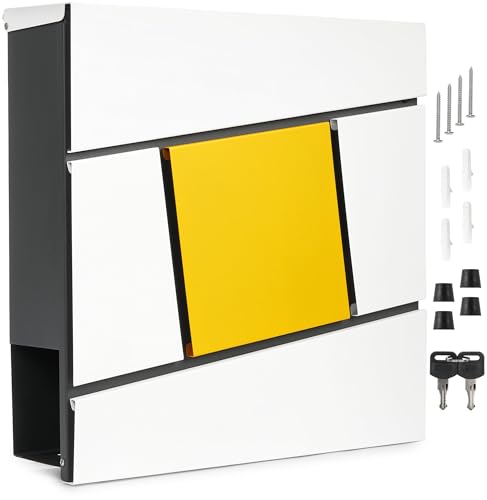 BRUBAKER Briefkasten mit Zeitungsfach Yellow Square - Moderner Postkasten mit Zeitungsrolle - Großer Design Wandbriefkasten aus Aluminium mit 2X Schlüssel - Gelb, Weiß und Anthrazit von BRUBAKER