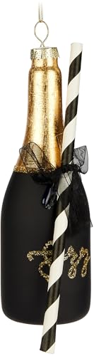 BRUBAKER Champagner Flasche mit Strohhalm - Handbemalte Weihnachtskugel aus Glas - 16 cm Baumkugel Champagnerflasche Matt Schwarz Gold - Mundgeblasener Christbaumschmuck - Figur Lustig von BRUBAKER