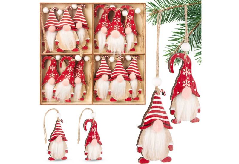 BRUBAKER Christbaumschmuck 12x Weihnachtsanhänger Wichtel - 8 cm Baumschmuck aus Holz - Gnom (12-tlg), Zwerge mit Bart und großer Nase - Holzanhänger Weihnachtsbaumschmuck von BRUBAKER