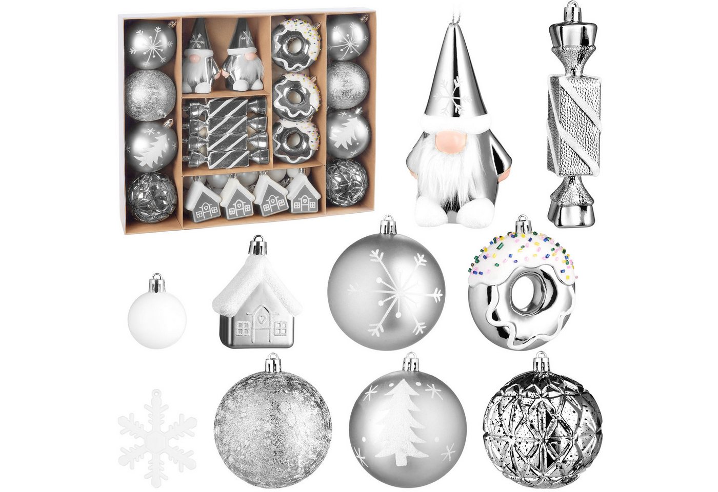 BRUBAKER Christbaumschmuck 64 Stück Christbaumschmuck - Baumschmuck Weihnachtskugel Set (64-tlg), mit Donuts, Häuser, Schneeflocken, Kugeln und Bonbons - Baumkugel von BRUBAKER