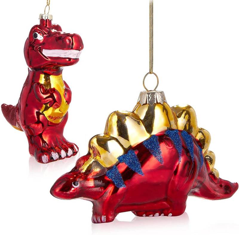 BRUBAKER Christbaumschmuck Baumkugel Set Dinosaurier Rot (2-tlg), Handbemalte Mundgeblasener Glas Weihnachtskugeln T-Rex und Stegosaurus von BRUBAKER
