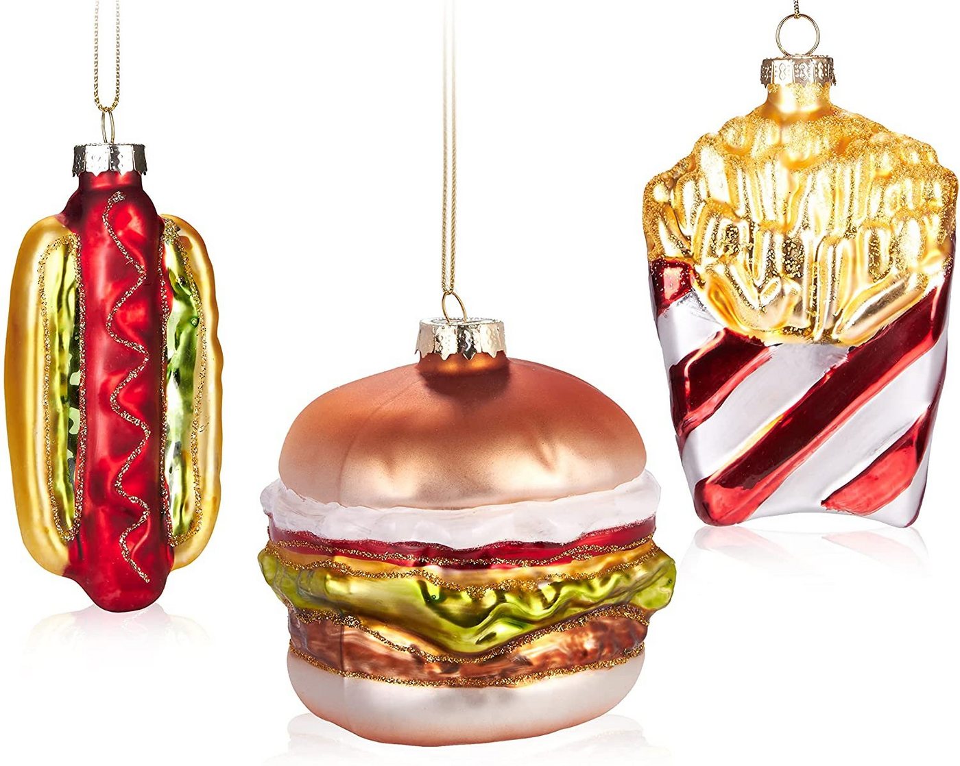 BRUBAKER Christbaumschmuck Baumkugel Set Fast Food (3-tlg), Handbemalte Mundgeblasener Glas Weihnachtskugeln Burger Pommes von BRUBAKER