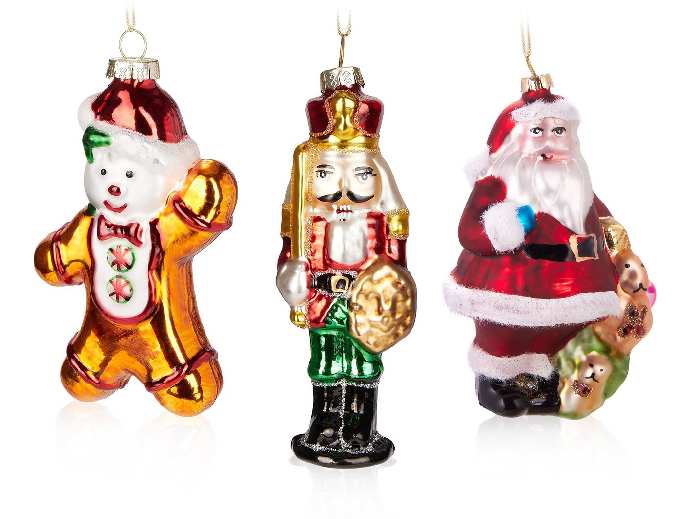 BRUBAKER Christbaumschmuck Baumkugel Set Weihnachten (3-tlg), Klassische Handbemalte Weihnachtskugeln Nussknacker Lebkuchenmann Weihnachtsmann - Mundgeblasener Christbaumschmuck aus Glas - Baumschmuck Lustig von BRUBAKER