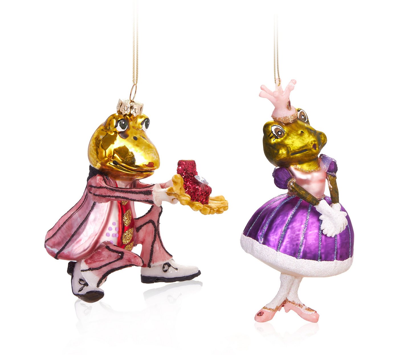 BRUBAKER Christbaumschmuck Baumkugeln Frosch Liebespaar Prinz und Prinzessin (2-tlg), Handbemalte Glas Weihnachtskugeln Froschprinz Baumschmuck Antrag von BRUBAKER