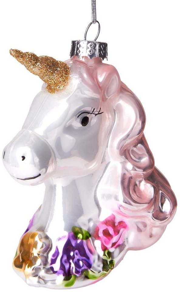 BRUBAKER Christbaumschmuck Handbemalte Weihnachtskugel Einhorn mit Blumen, Fantasy-Weihnachtsanhänger aus Glas, mundgeblasenes Unikat - 9.5 cm von BRUBAKER