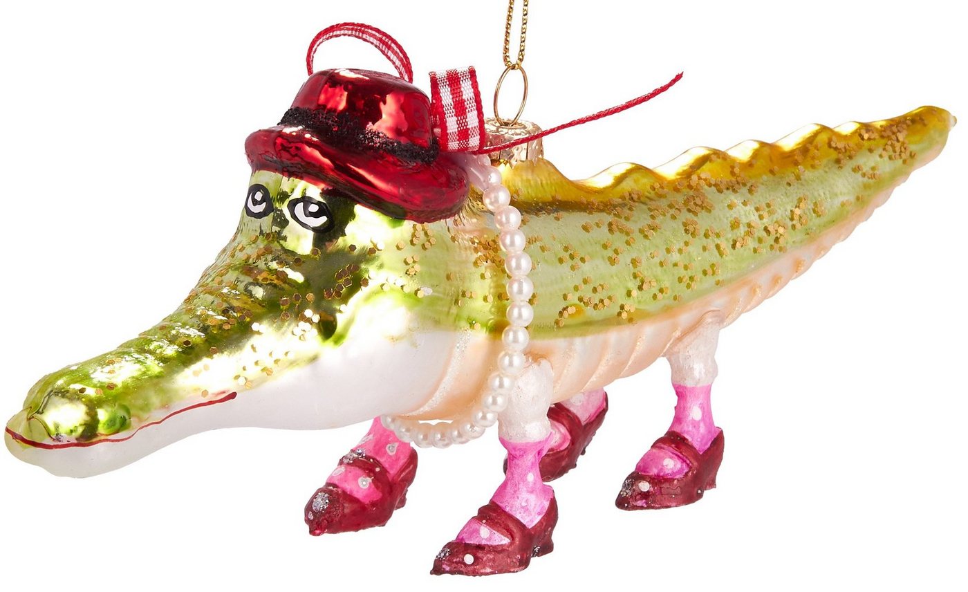 BRUBAKER Christbaumschmuck Handbemalte Weihnachtskugel Krokodil mit Hut, witzige Weihnachtsdekoration aus Glas, mundgeblasenes Unikat - 20 cm von BRUBAKER