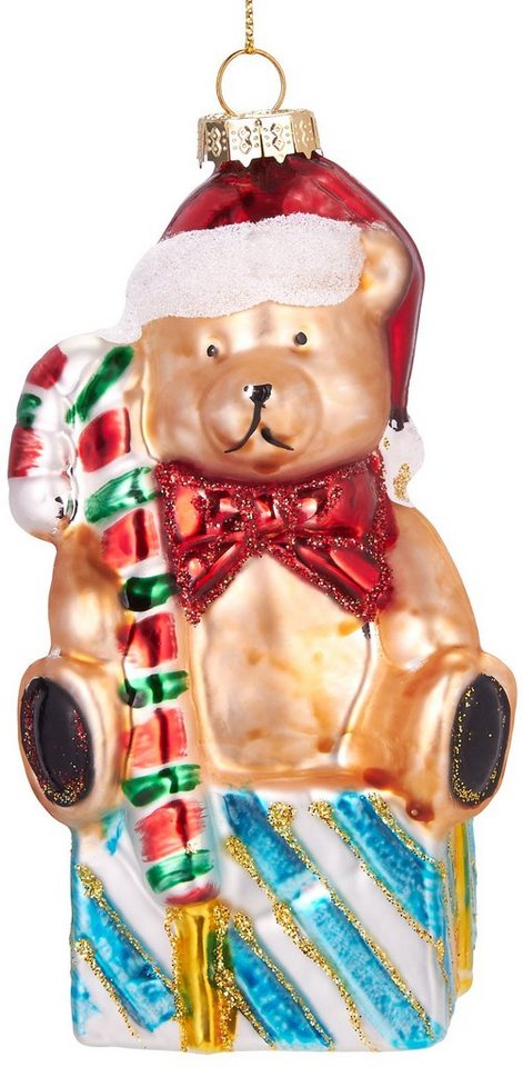 BRUBAKER Christbaumschmuck Handbemalte Weihnachtskugel Teddy mit Zuckerstange, süße Weihnachtsdekoration aus Glas, mundgeblasenes Unikat - 13 cm von BRUBAKER
