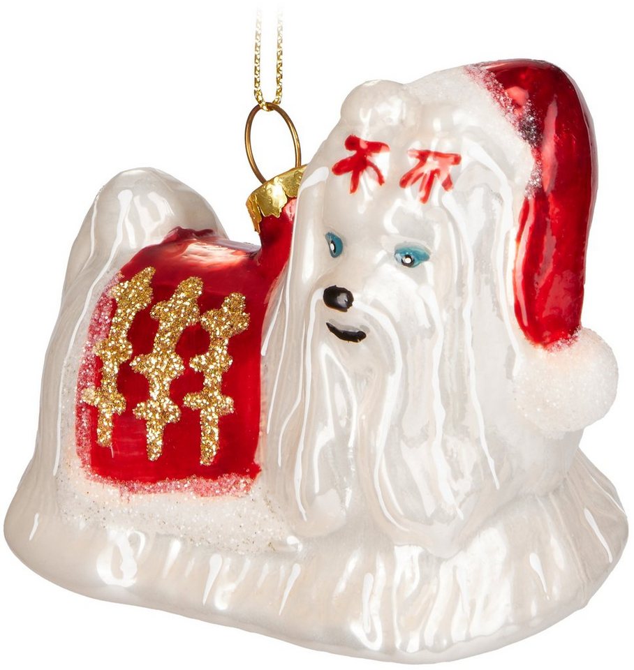 BRUBAKER Christbaumschmuck Hund mit Weihnachtsmütze, Handbemalte Kugel - Baumkugel 7,2 cm (1-tlg), Lustige Weihnachtskugel Malteser aus Glas - Christbaumschmuck von BRUBAKER