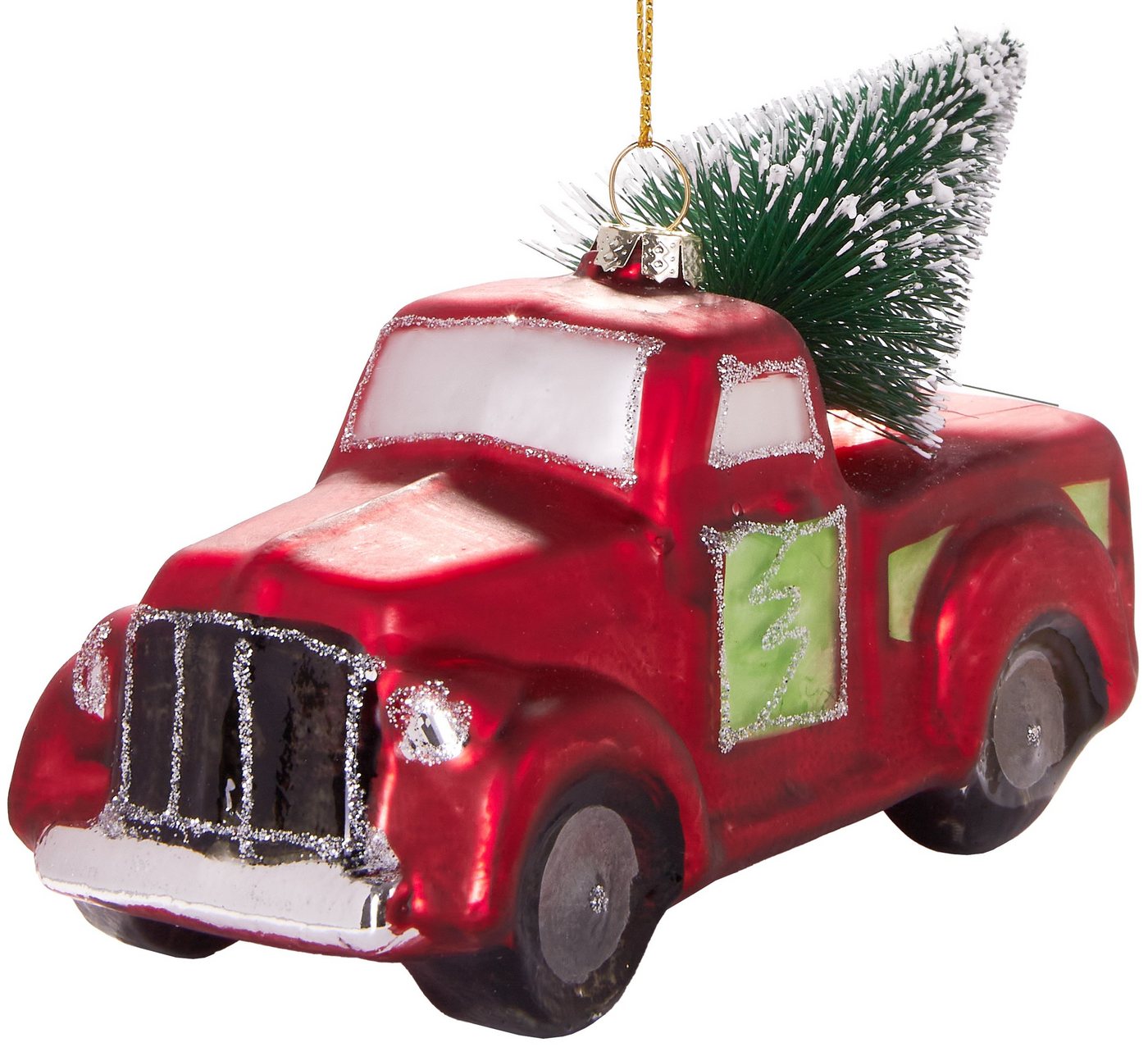 BRUBAKER Christbaumschmuck Kunstvolle Weihnachtskugel Roter Pick-Up mit Baum, mundgeblasene Weihnachtsdekoration aus Glas, handbemalt - ca. 14 cm von BRUBAKER