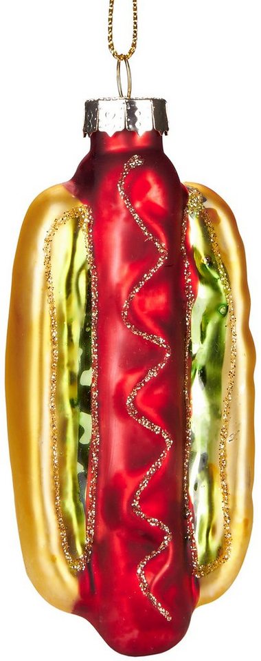 BRUBAKER Christbaumschmuck Mundgeblasene Weihnachtskugel Dänischer Hot Dog, Fast Food Weihnachtsdekoration aus Glas, handbemalt, lustige Baumkugel - 10 cm von BRUBAKER