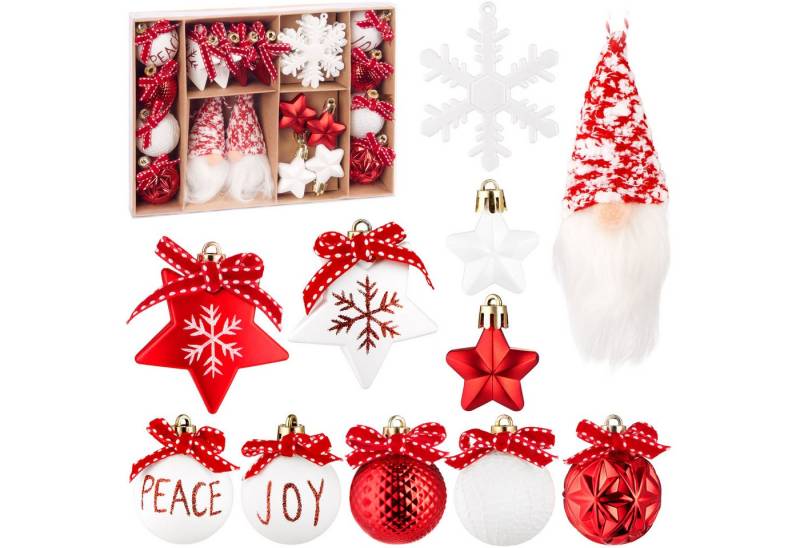 BRUBAKER Christbaumschmuck Rot und Weiß - Weihnachtskugel Set mit Wichtel Zwergen, Schneeflocken (24-tlg), Baumkugeln mit roten Schleifen - Baumschmuck von BRUBAKER
