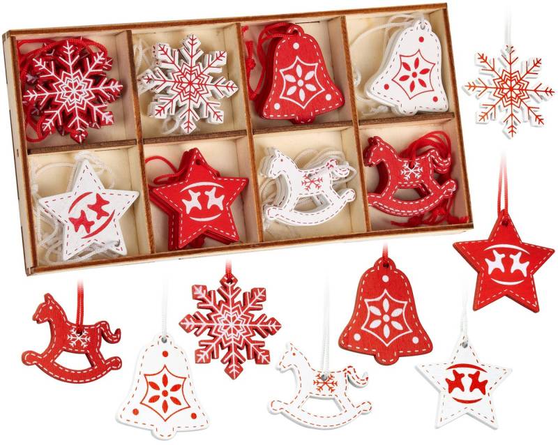 BRUBAKER Christbaumschmuck Weihnachtsbaumschmuck Set (24-tlg), Christbaumanhänger - Holz Weihnachtsanhänger in Rot Weiß, 3-4 cm hoch von BRUBAKER