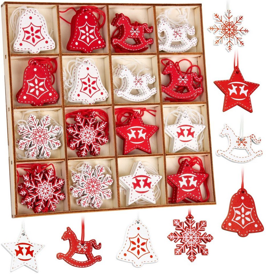 BRUBAKER Christbaumschmuck Weihnachtsbaumschmuck Set (48-tlg), Holz Christbaumanhänger - Rot und Weiße Weihnachtsanhänger, 3-4 cm von BRUBAKER