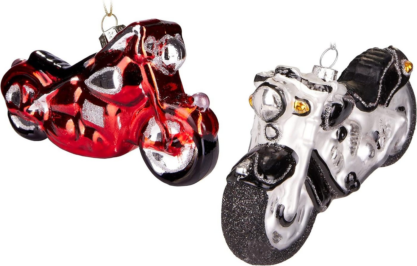 BRUBAKER Christbaumschmuck Weihnachtskugel Set - Motorräder in Schwarz Silber und Rot (2-tlg), Motorradfahrer Set - Mundgeblasene Christbaumkugel von BRUBAKER