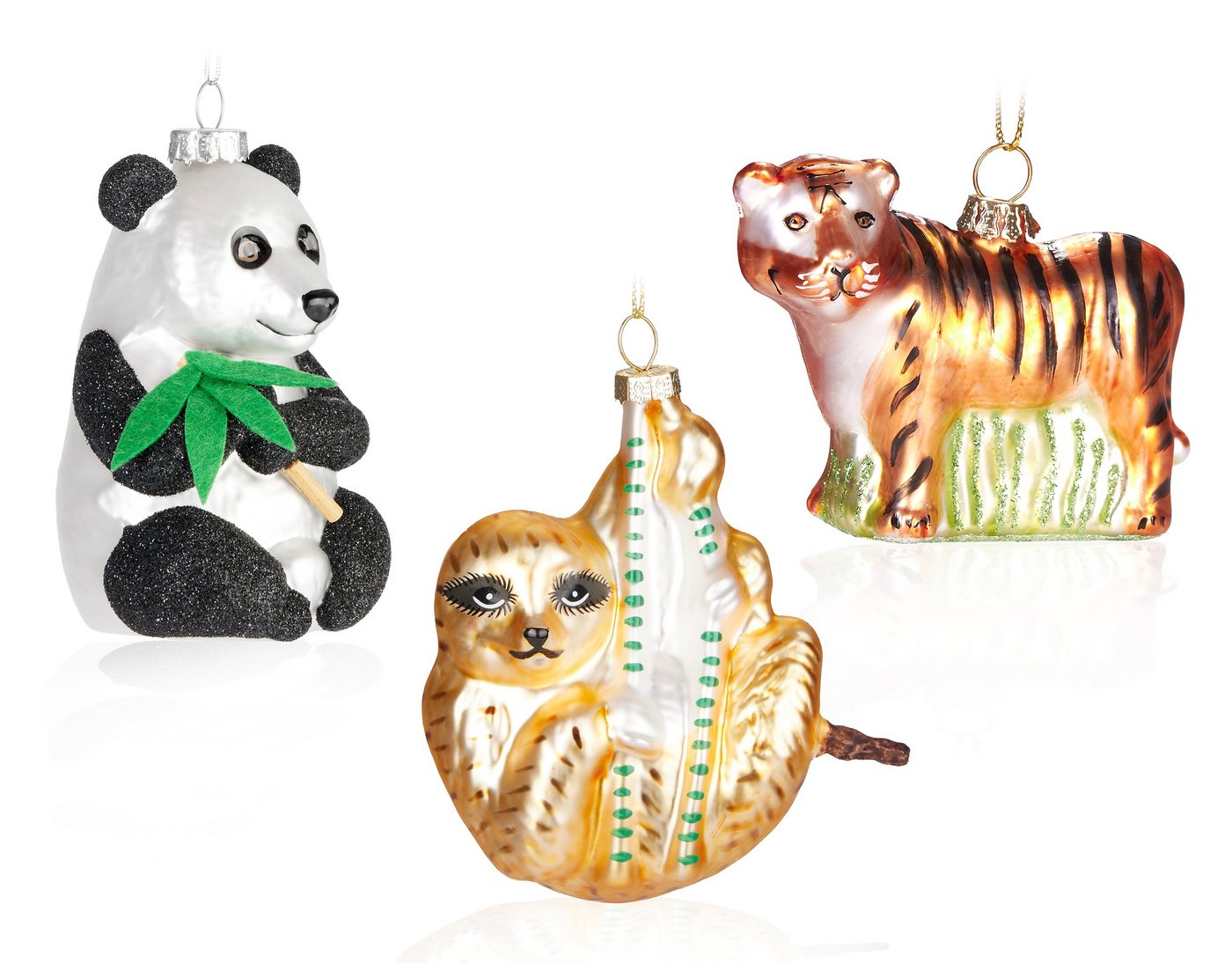 BRUBAKER Christbaumschmuck Weihnachtskugel Set Tiere Mix - Panda Faultier und Tiger (3-tlg), Handbemalte Baumkugeln aus Glas - Baumschmuck Lustig von BRUBAKER