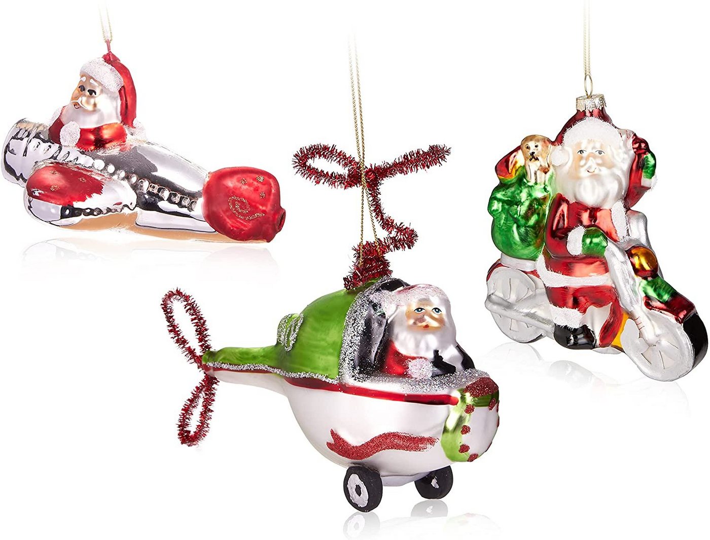 BRUBAKER Christbaumschmuck Weihnachtskugel Set Weihnachtsmann auf Reisen (3-tlg), Handbemalte Baumkugeln Santa mit Motorrad, Flugzeug und Helikopter - Mundgeblasener Christbaumschmuck aus Glas Baumschmuck Lustig von BRUBAKER