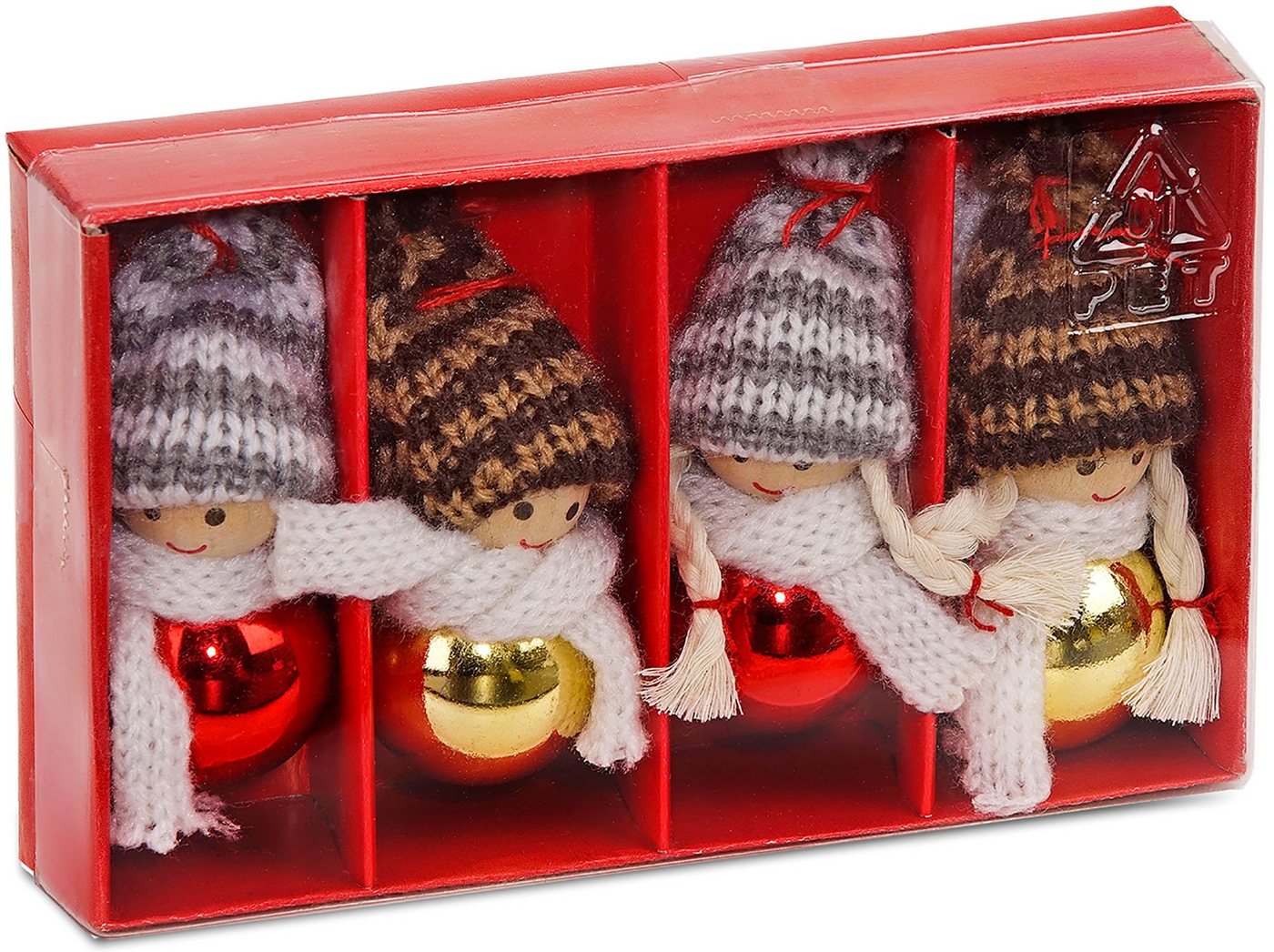 BRUBAKER Christbaumschmuck Weihnachtswichtel Set Rot Gold (4-tlg), Weihnachtsanhänger aus Holz und Strick, Baumschmuck 8 cm hoch, Baumanhänger Wichtel in Geschenkbox von BRUBAKER