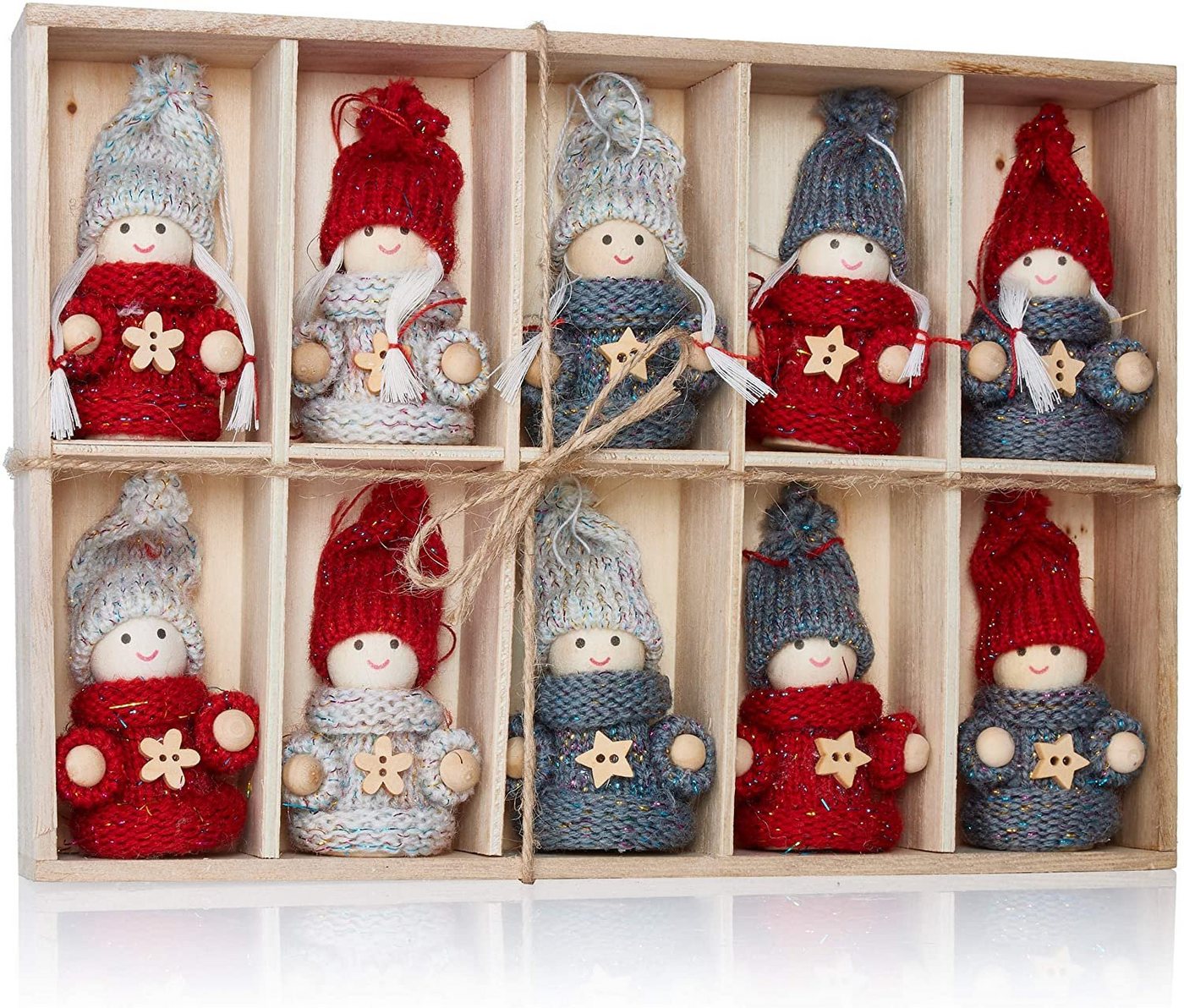 BRUBAKER Christbaumschmuck Weihnachtswichtel Set Winterkinder (10-tlg), Weihnachtsanhänger aus Holz und Strick, 7,5 cm hoch, Baumschmuck in Geschenkbox, Baumanhänger Wichtel, Weihnachtsdeko von BRUBAKER