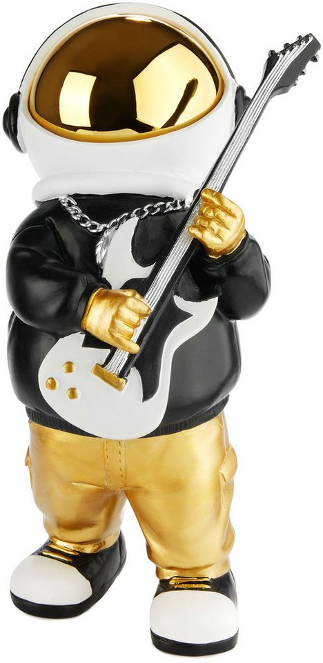 BRUBAKER Dekofigur Astronaut Gitarrist mit E-Gitarre - 24 cm Weltraum Figur (Raumfahrt Deko - Gold, Schwarz und Weiß, 1 St., Handbemalte Skulptur), Statue mit schwarzem Hoodie und verchromtem Helm in Gitarrensolo Pose von BRUBAKER