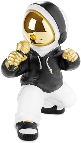 BRUBAKER Dekofigur Astronaut Sänger mit goldenem Mikrofon und schwarzem Hoodie - 17 cm Weltraum Figur mit verchromtem Helm in Cooler Pose - Handbemalte Statue - Gold, Schwarz und Weiß von BRUBAKER