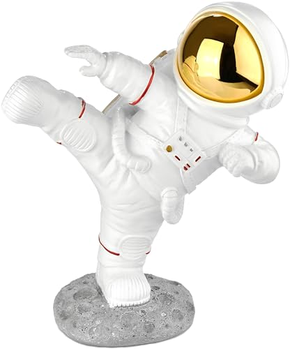 BRUBAKER Dekofigur Astronaut in Karate Pose - High Kick - 19 cm Spaceman Weltraum Figur mit verchromtem Helm - Handbemalte Moderne Raumfahrt Statue - Gold und Weiß von BRUBAKER