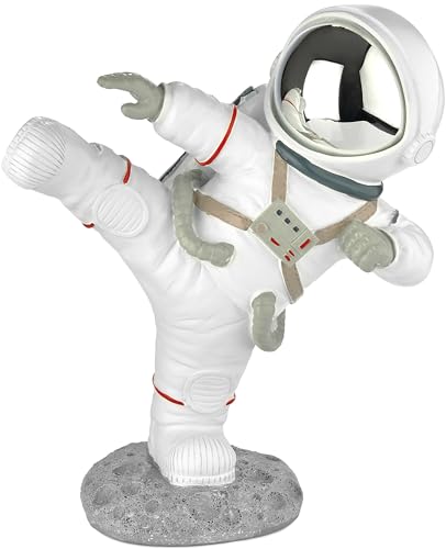 BRUBAKER Dekofigur Astronaut in Karate Pose - High Kick - 19 cm Spaceman Weltraum Figur mit verchromtem Helm - Handbemalte Moderne Raumfahrt Statue - Silber und Weiß von BRUBAKER