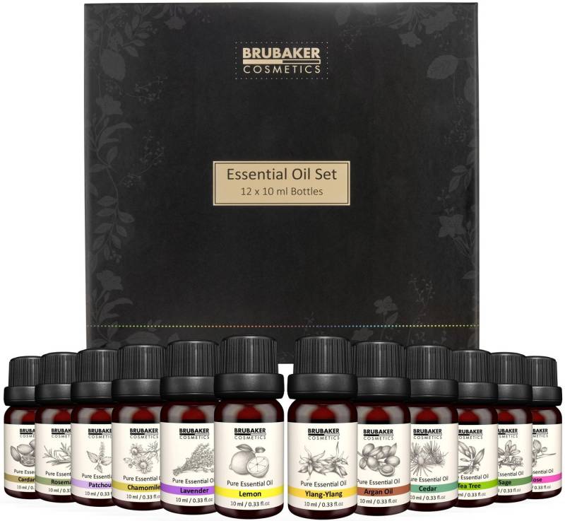 BRUBAKER Duftöl 12er-Set Ätherische Öle 12 x 10 ml (Patchouli Salbei Ylang-Ylang Kardamom Argan Teebaum, Lavendel Rose Rosmarin Kamille Zitrone Zeder), Ätherische Öle Aromatherapie Geschenkset von BRUBAKER
