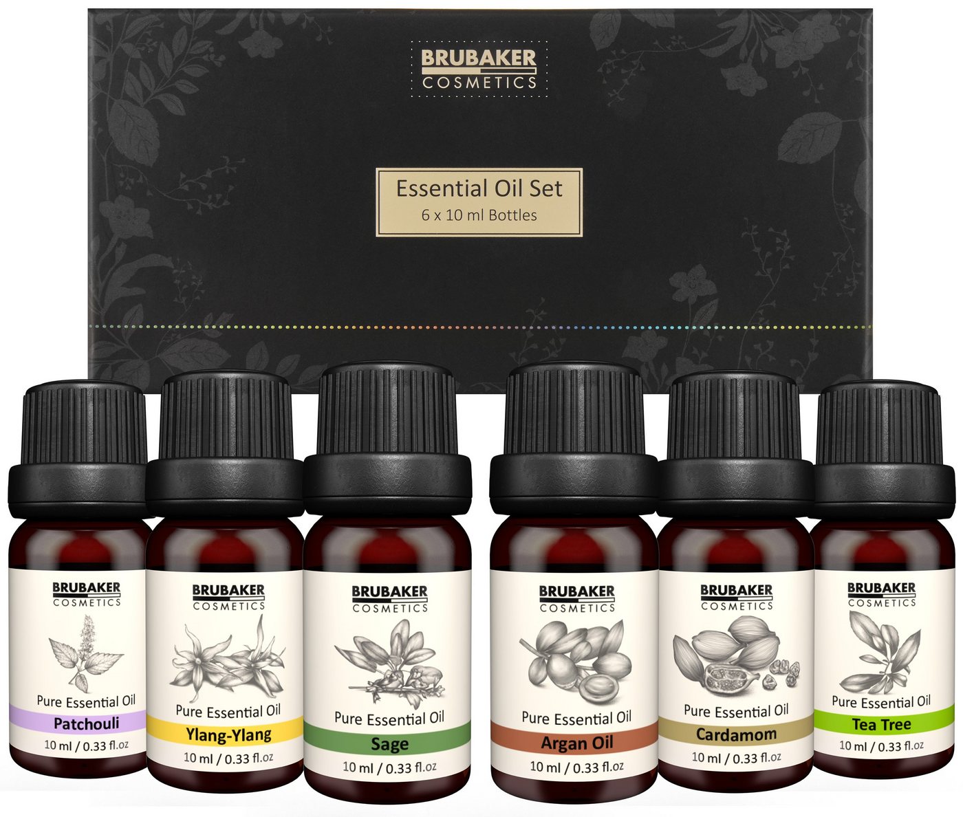 BRUBAKER Duftöl 6er-Set Ätherische Öle Aromatherapieöle 6 x 10 ml Naturrein (Duftöl für Diffusor Luftbefeuchter, Patchouli Salbei Ylang-Ylang Kardamon Argan Teebaum), Ätherische Öle Aromatherapie Geschenkset von BRUBAKER