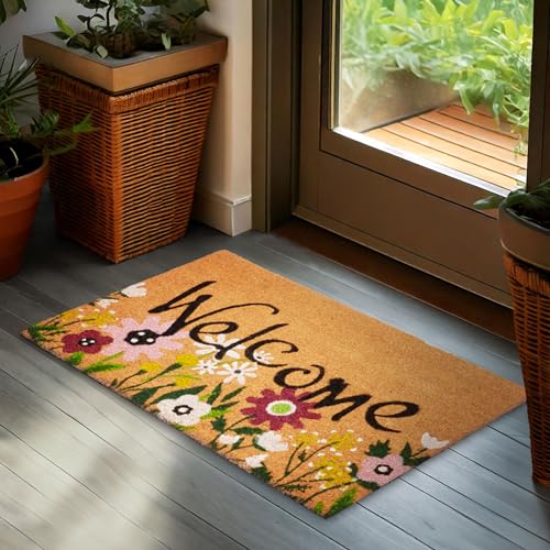 BRUBAKER Fußmatte für Außen und Innen - Welcome mit Blumenwiese - 45 x 75 cm Schmutzfangmatte aus 100% Kokos - Wetterfest und rutschfest - Antirutsch Türvorleger mit Blumen Design von BRUBAKER