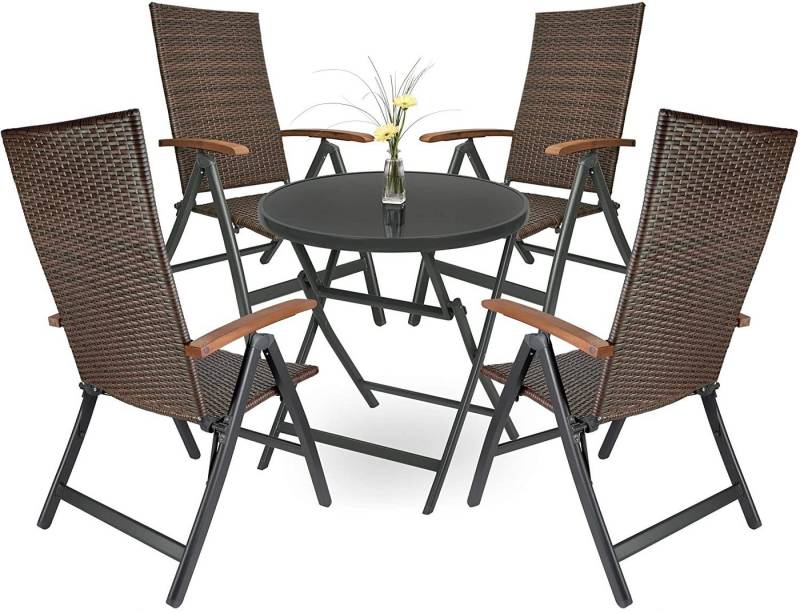BRUBAKER Garten-Essgruppe Garten Sitzgruppe Modena - Gartenstühle mit Tisch, (Set, 1 Glastisch Klapptisch rund 70 cm Ø mit Polyrattan Stühlen), Gartenset Wetterfest mit Gartentisch - Braun/Anthrazit von BRUBAKER