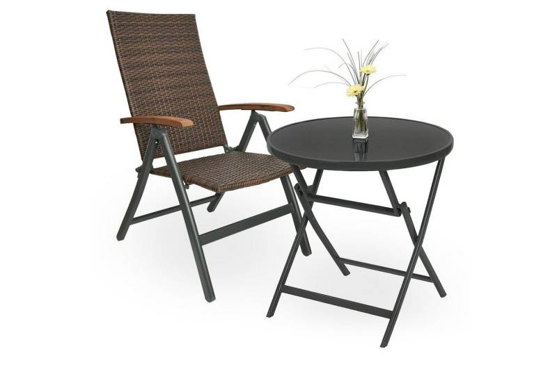 BRUBAKER Garten-Essgruppe Garten Sitzgruppe Modena - Gartenstühle mit Tisch, (Set, 1 Glastisch Klapptisch rund 70 cm Ø mit Polyrattan Stühlen), Gartenset Wetterfest mit Gartentisch - Braun/Anthrazit von BRUBAKER