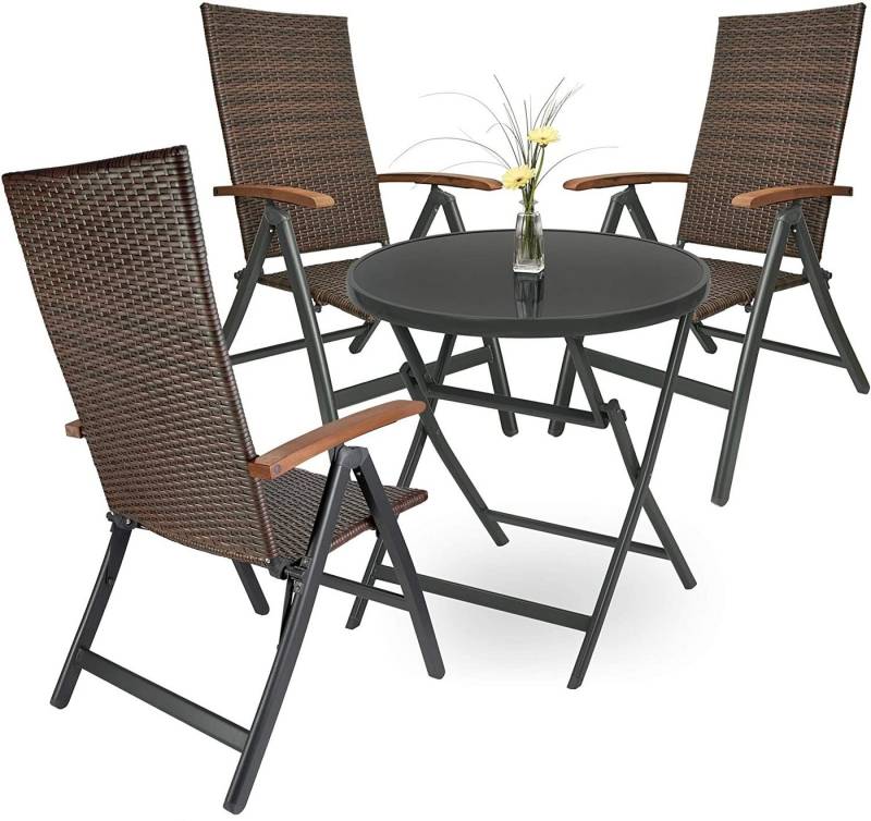 BRUBAKER Garten-Essgruppe Garten Sitzgruppe Modena - Gartenstühle mit Tisch, (Set, 1 Glastisch Klapptisch rund 70 cm Ø mit Polyrattan Stühlen), Gartenset Wetterfest mit Gartentisch - Braun/Anthrazit von BRUBAKER