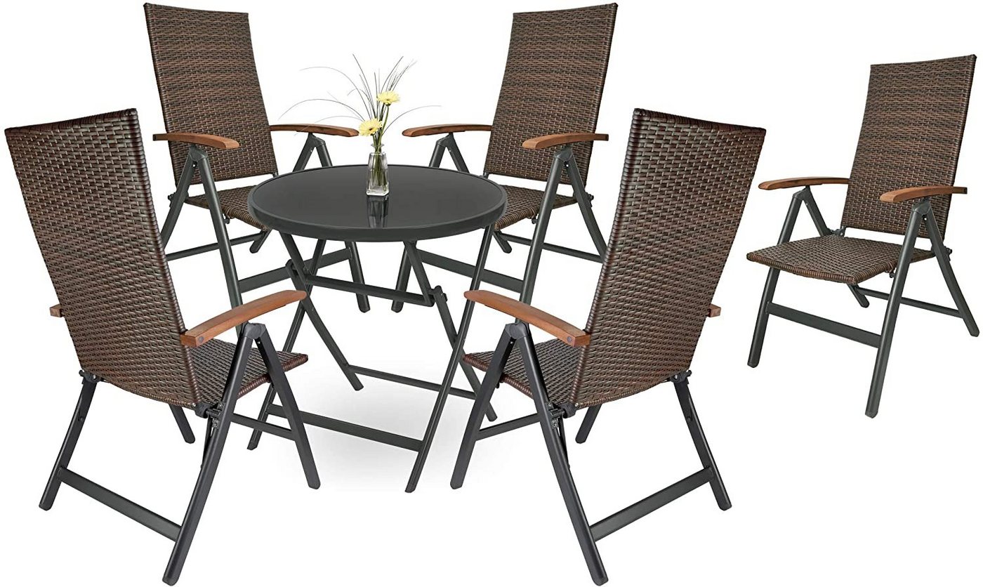 BRUBAKER Garten-Essgruppe Garten Sitzgruppe Modena - Gartenstühle mit Tisch, (Set, 1 Glastisch Klapptisch rund 70 cm Ø mit Polyrattan Stühlen), Gartenset Wetterfest mit Gartentisch - Braun/Anthrazit von BRUBAKER