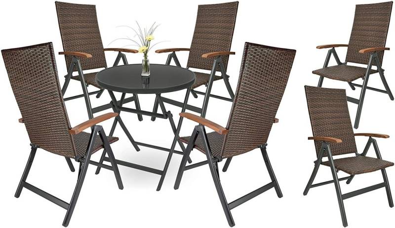 BRUBAKER Garten-Essgruppe Garten Sitzgruppe Modena - Gartenstühle mit Tisch, (Set, 1 Glastisch Klapptisch rund 70 cm Ø mit Polyrattan Stühlen), Gartenset Wetterfest mit Gartentisch - Braun/Anthrazit von BRUBAKER