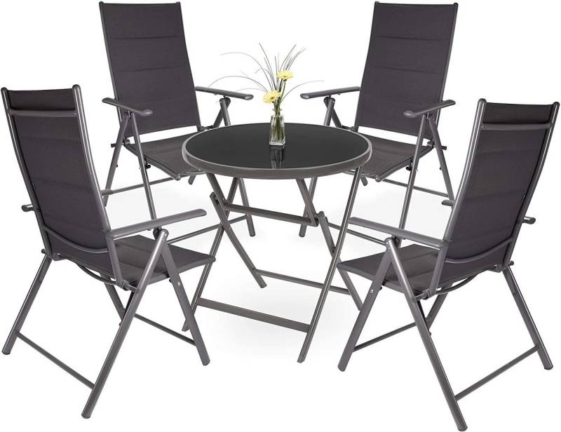 BRUBAKER Garten-Essgruppe Garten Sitzgruppe Riva, (Set), 1 Glastisch Klapptisch rund 70 cm Ø mit Hochlehner Stühlen - Gartenset mit Gartentisch und Gartenstühlen - Klappstuhl - Wetterfest - Anthrazit Grau von BRUBAKER