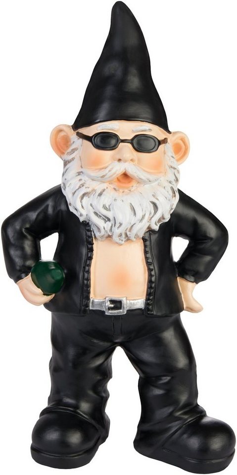 BRUBAKER Gartenzwerg Biker Zwerg Schwarz - Gartenfigur Lustig - 24 cm Dekoration Wetterfest, (1 St), Gartendeko Rocker Mann für Garten Campingplatz von BRUBAKER