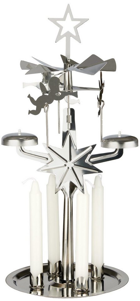 BRUBAKER Kerzenständer Drehende Tischpyramide Kerzenhalter Glockenspiel aus Metall (Karussell-Kerzenhalter mit Engeln inkl. 4 Kerzen, 1 St., Drehende Tischpyramide), Lichter Glockenspiel aus Metall als Weihnachtsdekoration von BRUBAKER