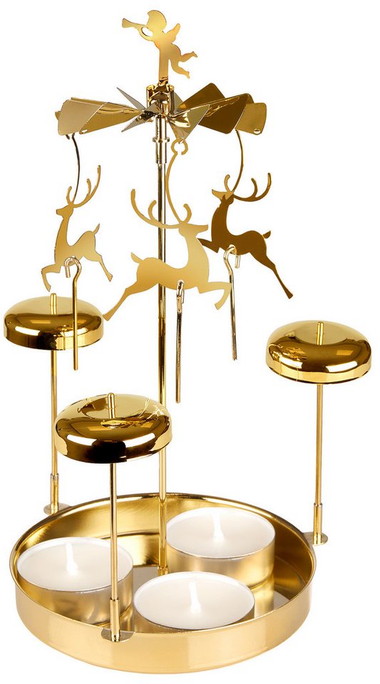 BRUBAKER Kerzenständer Lichter Glockenspiel aus Metall - Karussell Kerzenhalter mit Rentieren (inkl. 3 Teelichter - Drehende Tischpyramide - Kerzenständer, 1 St., festlicher Teelichthalter), Teelichtkarussell für Weihnachten als Tischdeko - Gold von BRUBAKER