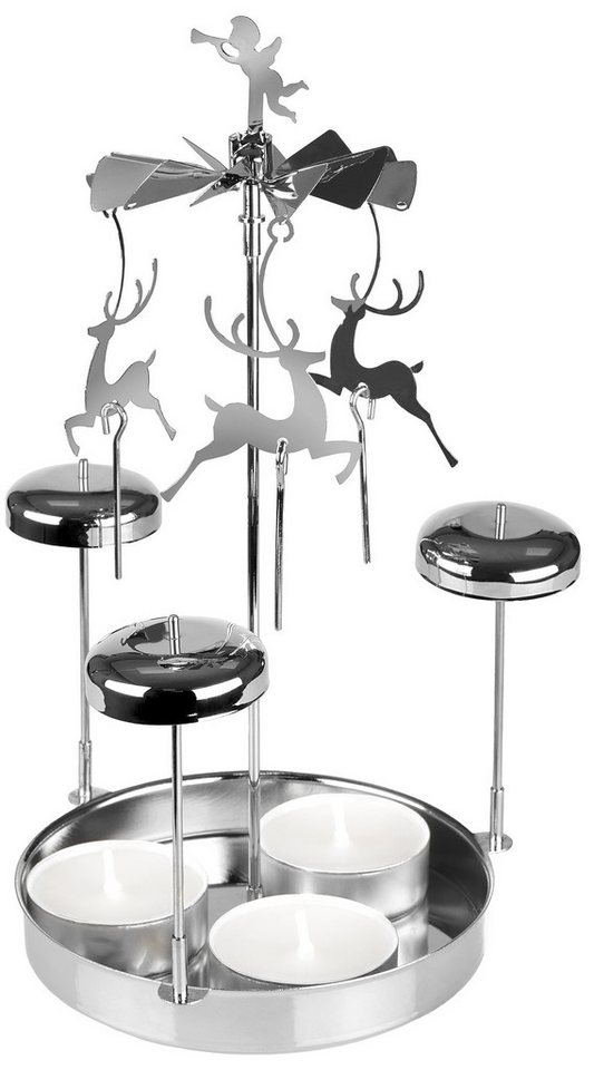 BRUBAKER Kerzenständer Lichter Glockenspiel aus Metall - Karussell Kerzenhalter mit Rentieren (inkl. 3 Teelichter - Drehende Tischpyramide - Kerzenständer, 1 St., festlicher Teelichthalter), Teelichtkarussell für Weihnachten als Tischdeko - Gold von BRUBAKER