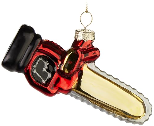 BRUBAKER Kettensäge - Handbemalte Weihnachtskugel aus Glas - 11 cm Baumkugel Motorsäge für Holzfäller und Handwerker - Mundgeblasener Christbaumschmuck - Deko Figur - Rot, Gold und Schwarz von BRUBAKER