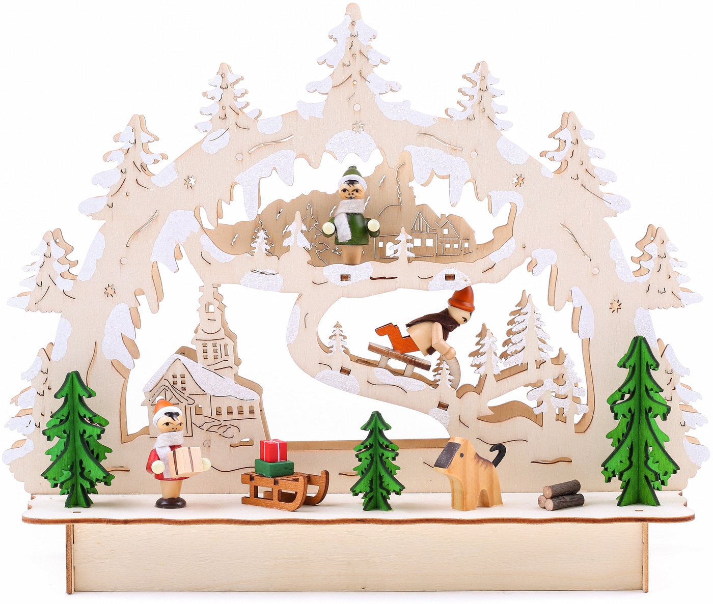 BRUBAKER LED Lichterbogen Schwibbogen - Winterlandschaft mit Kirche, traditioneller Holzbogen mit 3D Szene beleuchtet handbemalt 24 cm hoch von BRUBAKER