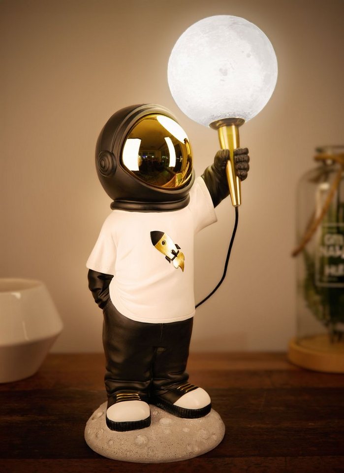 BRUBAKER LED Nachttischlampe Astronauten Tischlampe - 46 cm Weltraum Tischleuchte, mit USB-C Stecker, LED fest integriert, Handbemalte Dekofigur Statue mit Mond Lampe - Gold und Schwarz von BRUBAKER