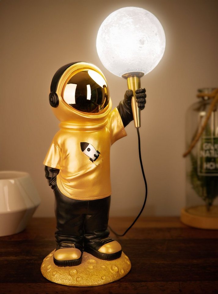 BRUBAKER LED Nachttischlampe Astronauten Tischlampe - 46 cm Weltraum Tischleuchte, mit USB-C Stecker, LED fest integriert, Handbemalte Dekofigur Statue mit Mond Lampe - Gold und Schwarz von BRUBAKER