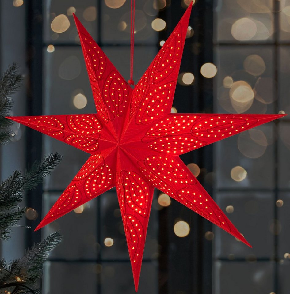 BRUBAKER LED Stern 60 cm Papier Weihnachtsstern zum Aufhängen - LED Adventsstern, Hängender Leuchtstern - Beleuchtbar mit Batterie, LED fest integriert, Warmweiß, Weihnachtsdeko für Fenster - 3D Papierstern mit Timer-Funktion von BRUBAKER