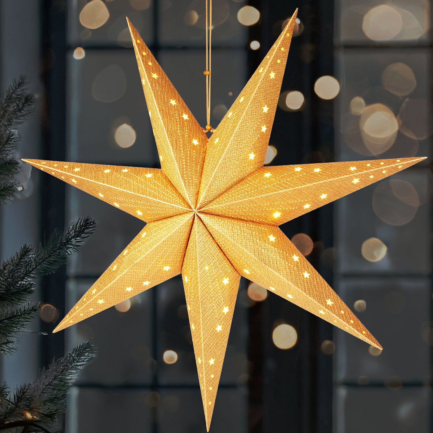 BRUBAKER LED Stern Weihnachtsstern zum Aufhängen - 60 cm Papierstern mit 7 Spitzen, Batteriebetrieben, Hängend und Beleuchtet, LED fest integriert, Warmweiß, 3D Adventsstern - Fenster Deko Leuchtstern von BRUBAKER