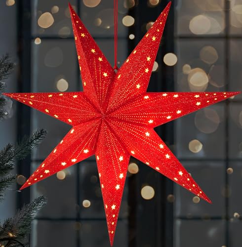 BRUBAKER LED Weihnachtsstern zum Aufhängen - 60 cm Papierstern mit 7 Spitzen - 3D Adventsstern - Batteriebetrieben, Hängend und Beleuchtet - Fenster Deko Leuchtstern - Rot von BRUBAKER