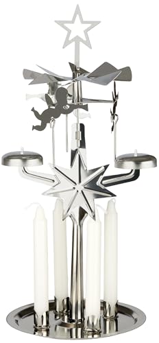 BRUBAKER Lichter Glockenspiel aus Metall - Karussell Kerzenhalter mit Engeln inkl. 4 Kerzen - Drehende Tischpyramide - Kerzenständer Pyramide für Weihnachten - Weihnachtspyramide Silber von BRUBAKER