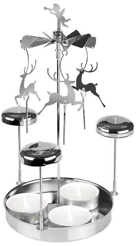 BRUBAKER Lichter Glockenspiel aus Metall - Karussell Kerzenhalter mit Rentieren inkl. 3 Teelichter - Drehende Tischpyramide - Kerzenständer Teelichtkarussell für Weihnachten als Tischdeko - Silber BRUBAKER Lichter Glockenspiel aus Metall - Karussell Kerzenhalter mit Rentieren inkl. 3 Teelichter - Drehende Tischpyramide - Kerzenständer Teelichtkarussell für Weihnachten als Tischdeko - Silber von BRUBAKER
