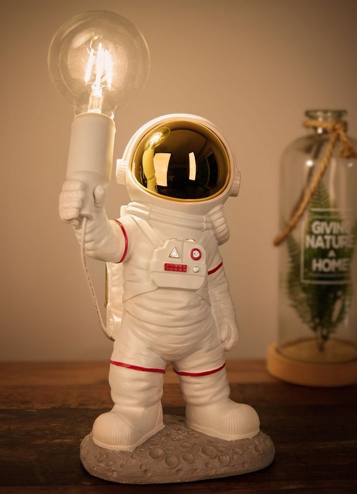 BRUBAKER Nachttischlampe Astronauten Tischlampe - 40 cm Weltraum Nachttischlampe, mit E27 Fassung und USB-C Stecker, ohne Leuchtmittel, Handbemalte Raumfahrt Dekofigur Statue - Weiß von BRUBAKER