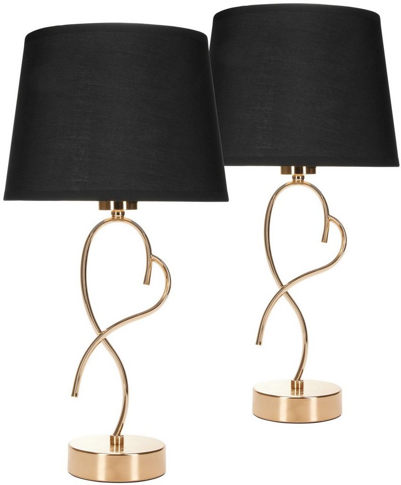 BRUBAKER Nachttischlampe Tischlampe Gold Geschwungenes Herz - 1x oder 2er Set, ohne Leuchtmittel, Nachttischlampen Modern - Höhe ca. 50 cm, Schirm Schwarz von BRUBAKER